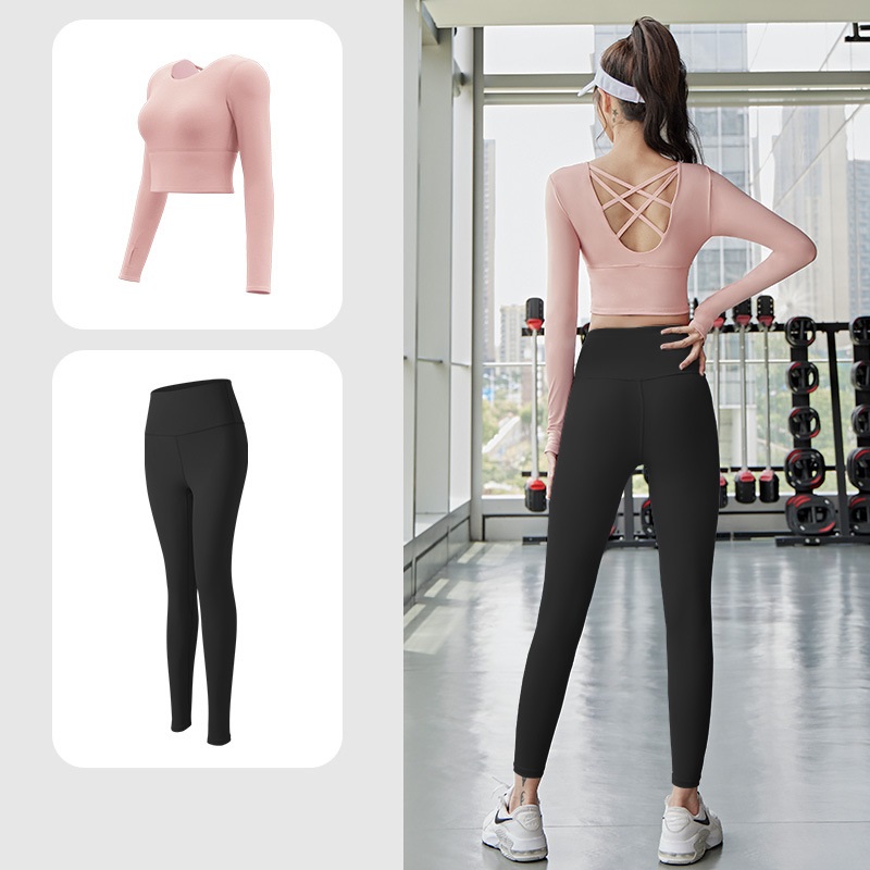 Bộ đồ tập gym nữ 2 món , bộ quần áo tập yoga tôn dáng nâng mông áo dài tay croptop có mút đệm và quần dài