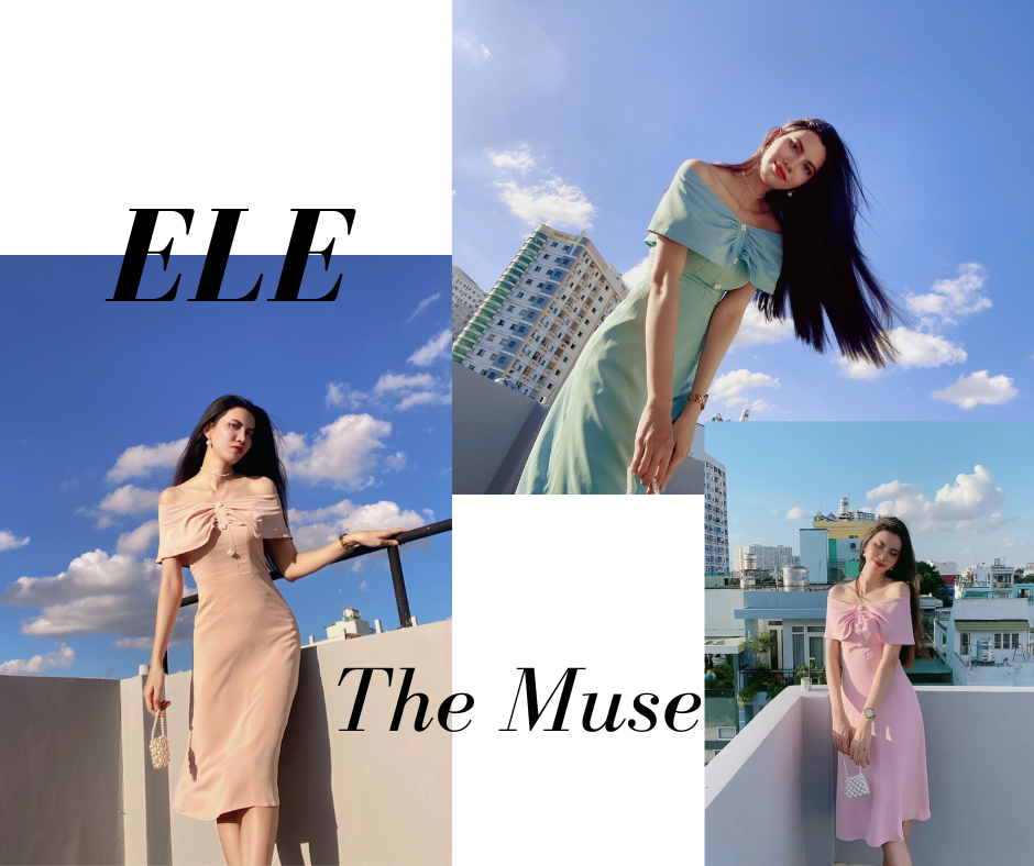 Keva dress_đầm xòe bẹt vai đính ngọc trai ele nữ tính, dịu dàng, xinh xắn