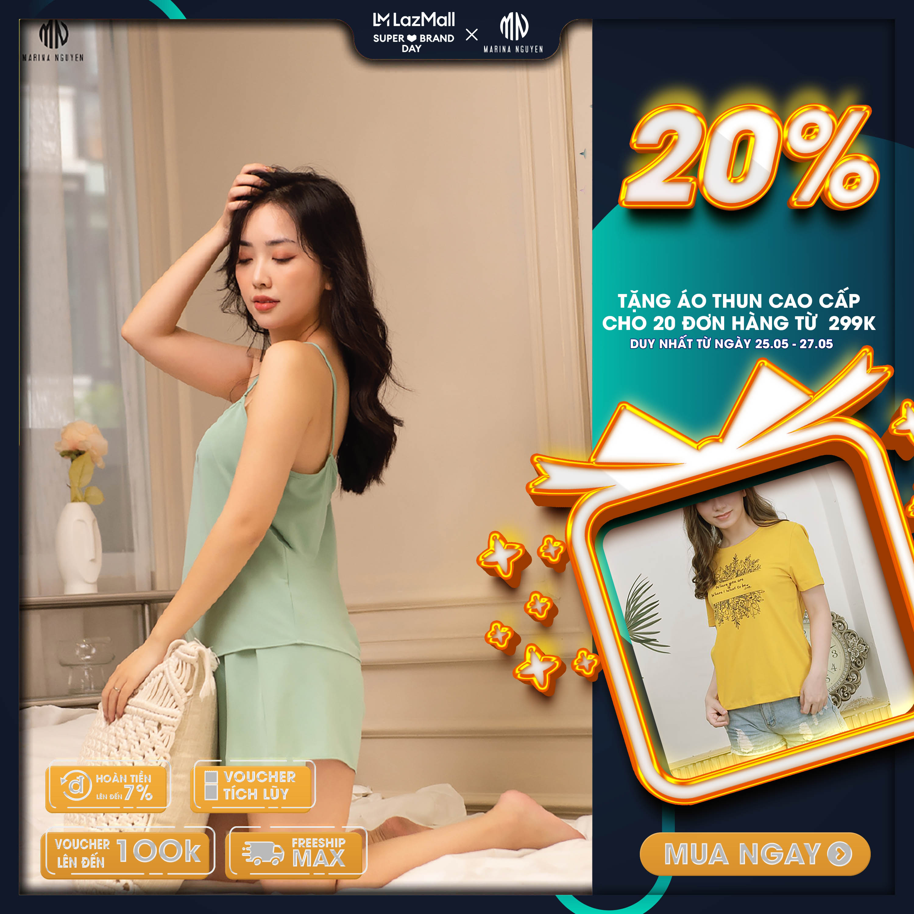 Bộ đồ ngủ nữ marina nguyễn, thiết kế áo 2 dây sexy, vải cotton lạnh, thoáng mát 323001