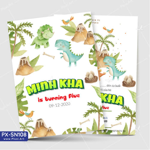 [HCM][4200đ/thiệp] Thiệp thôi nôi – sinh nhật theo yêu cầu Pluxi Khủng Long (PXSN0108)