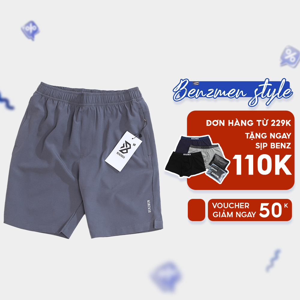 Quần short đùi gió ngắn nam thể thao cao cấp Benzmen 3 màu dễ mặc Đen/Tím than/Xanh cổ vịt, chất liệu PE CoolMax mềm mại, thoáng mát