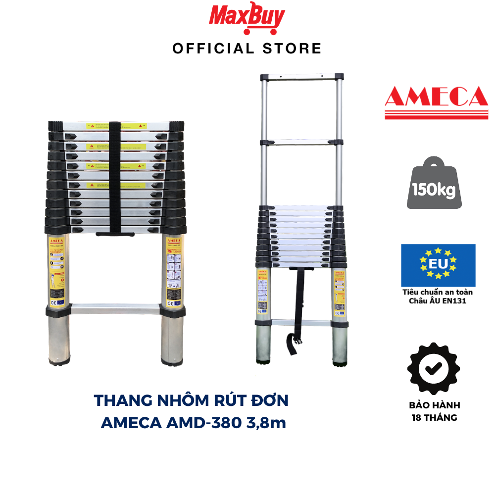 Thang nhôm rút đơn 13-14 bậc ameca chắc chắn xếp gọn chiều cao tối đa 3.8-4.8m tải trọng 150kg bảo hành 18 tháng amd 380