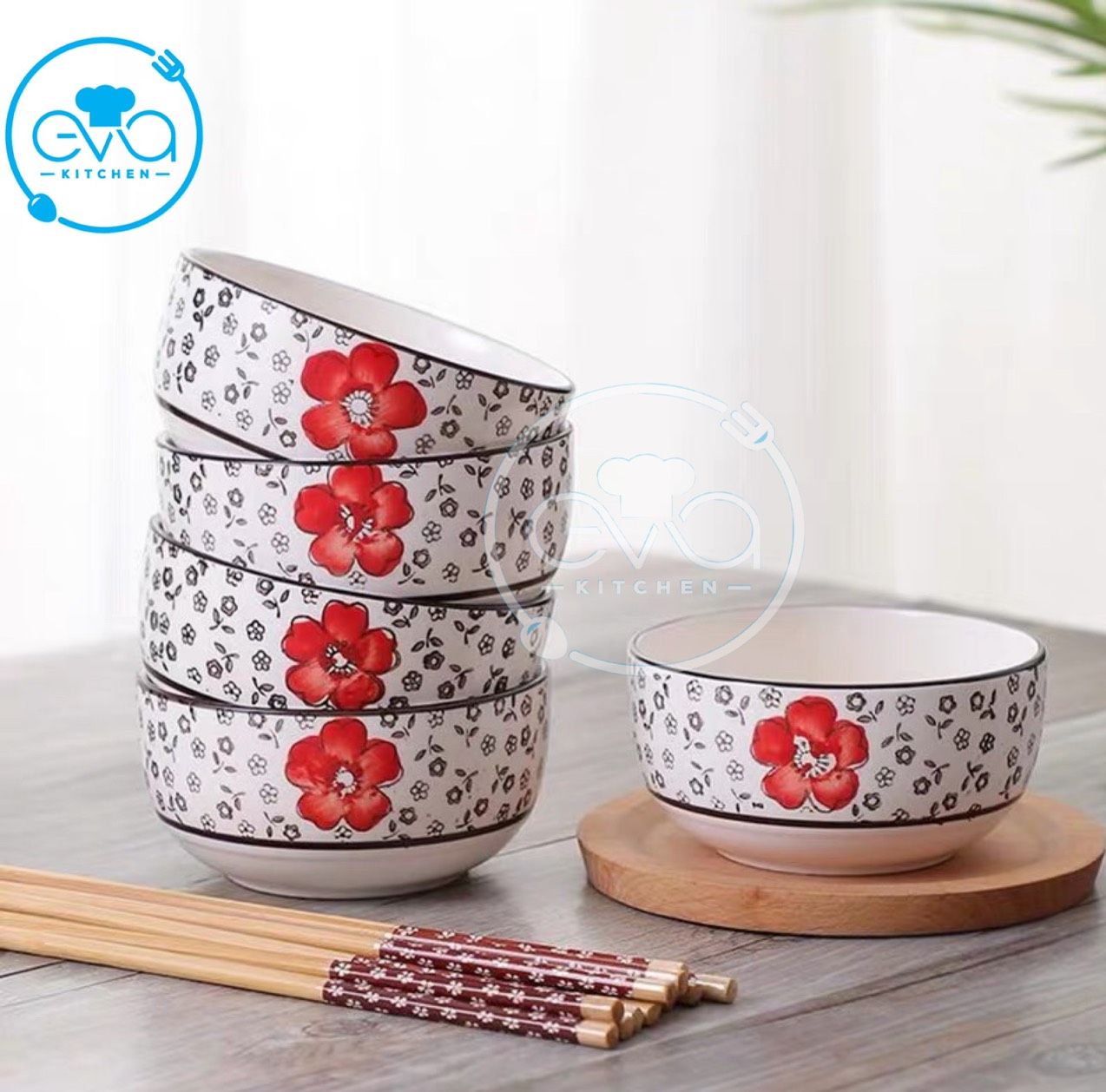 Bộ 6 chén 6 đũa hoạ tiết hoa đào kiểu nhật cao cấp m1188