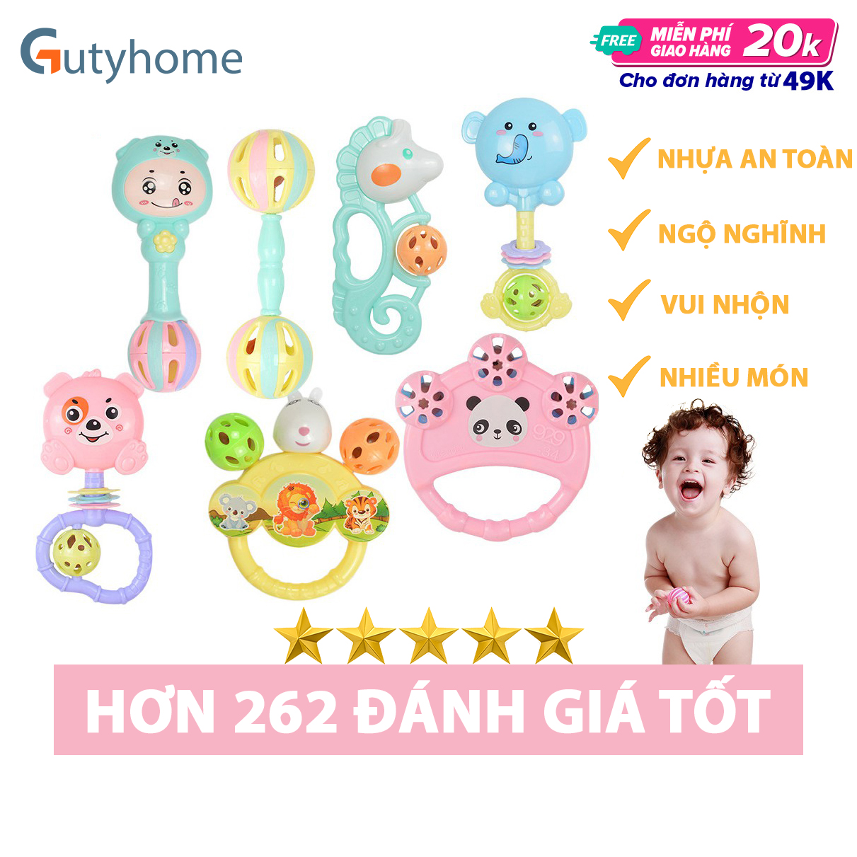 Bộ đồ chơi lục lạc 7 món cầm tay các nhân vật ngộ nghĩnh vui nhộn dành cho bé giúp bé tập cầm nắm phát triển các kĩ năng cơ bản