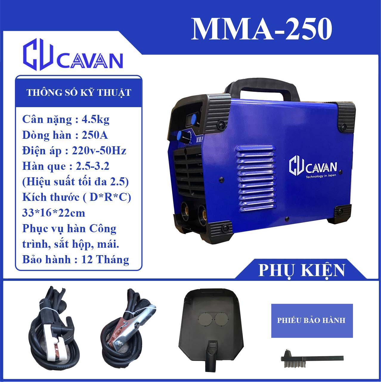 Máy hàn que cavan mma-250, máy hàn công trình chính hãng bảo hành 12 tháng