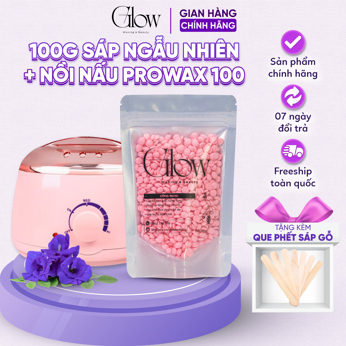 Combo nồi đun sáp wax lông pro wax 100 + 100gram sáp wax lông cao cấp và 5 que gỗ lớn glow waxing che tên sản phẩm - 8582