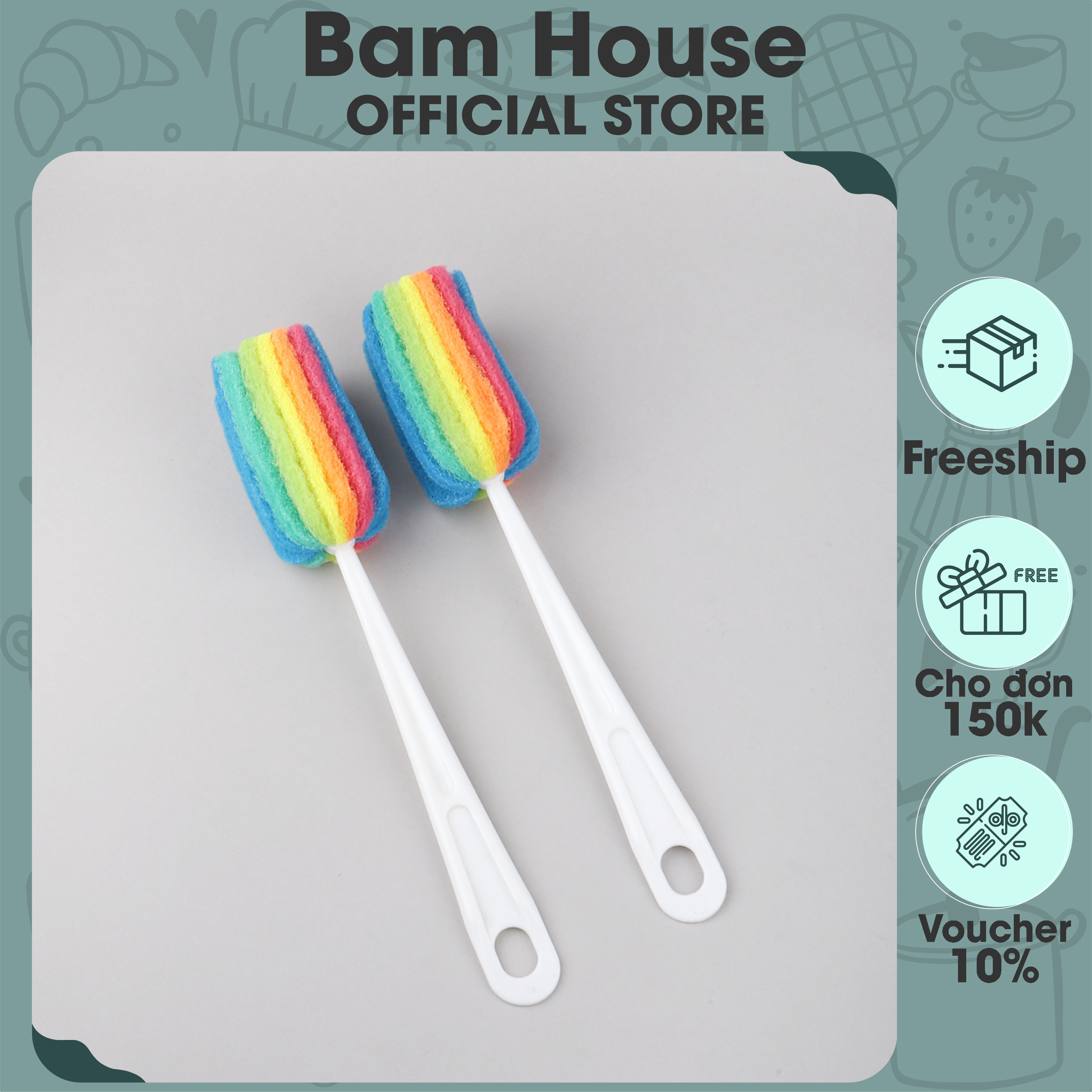 Dụng cụ chùi rửa ly, cốc, bình Bam House cầu vồng cao cấp