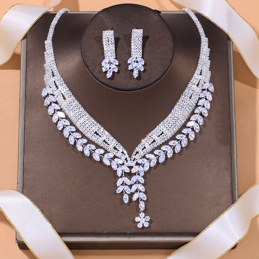 Bộ trang sức cô dâu lá đôi cao cấp phụ kiện cưới bộ bông tai vòng cổ zircon thời trang jewelry set