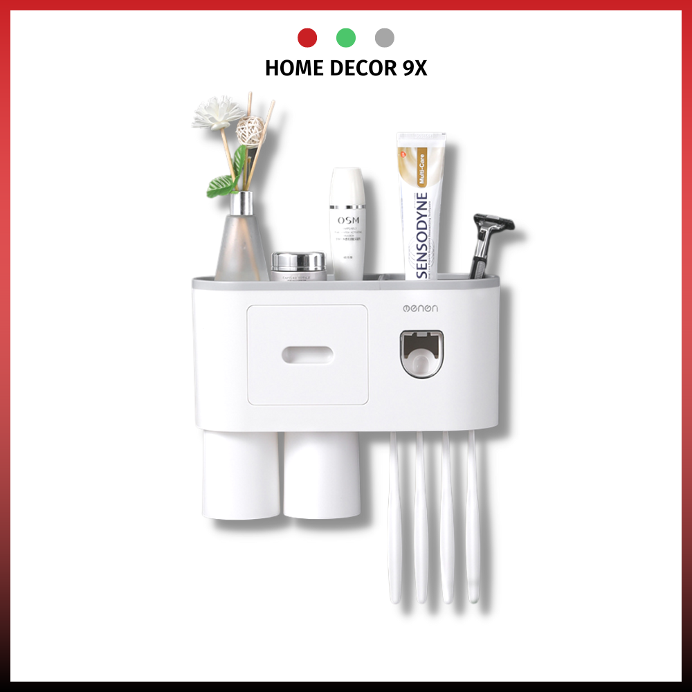  Kệ Đựng Đồ Nhà Tắm Thông Minh Bộ Nhả Kem Đánh Răng Tự Động 2 Cốc OENON Kệ Bàn Chải Dán Tường Nhựa ABS Cao Cấp Tặng Miếng Dán Decor 