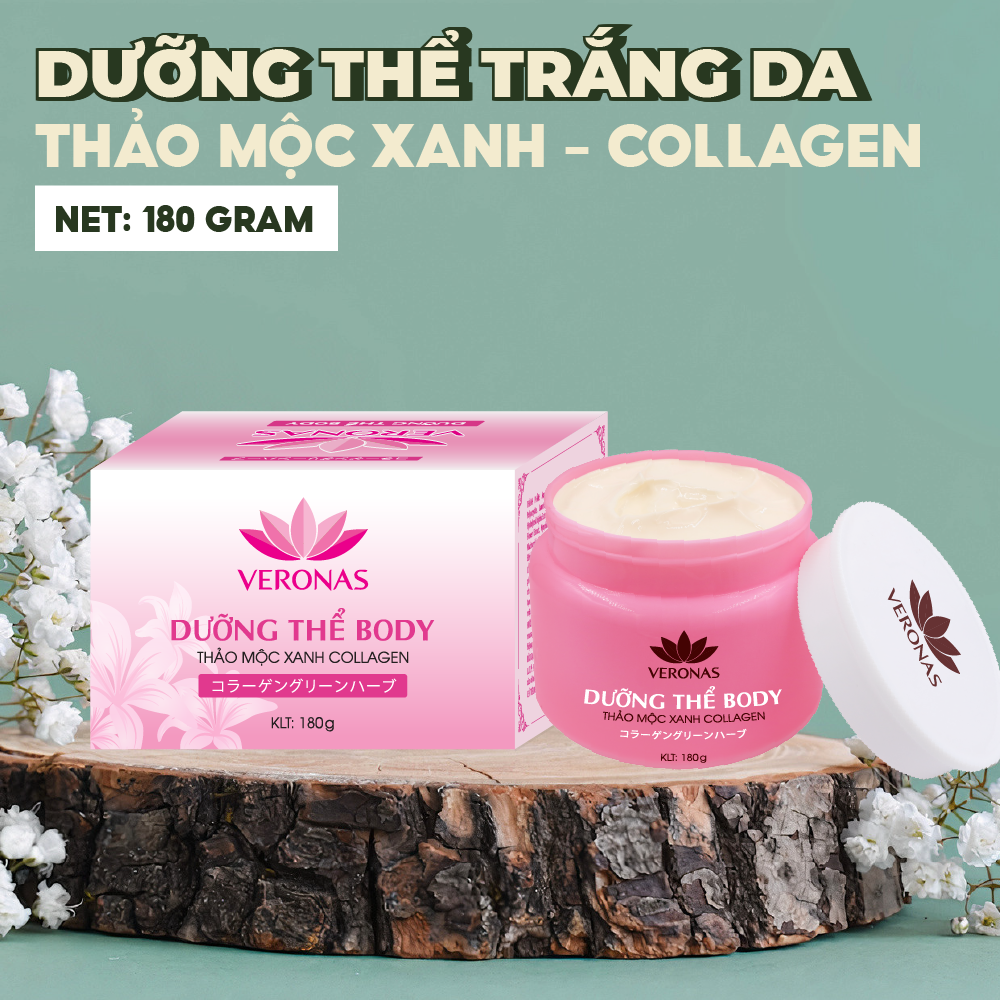 Dưỡng thể trắng da toàn thân giúp giữ ẩm căng bóng nâng cơ ngừa đốm nâu ngăn ngừa chảy xệ rạn da chiết xuất thảo mộc xanh collagen Veronas 180g - Global Khải Minh Cosmetics