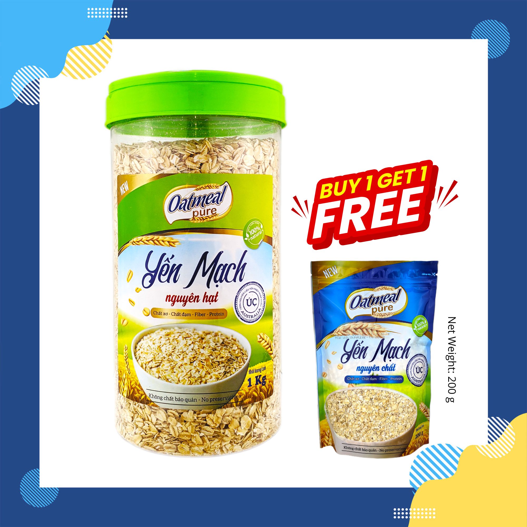 Yến mạch Úc nguyên chất cán dẹt nguyên hạt Oatmeal Pure 1kg - Nhập khẩu chính ngạch từ Úc