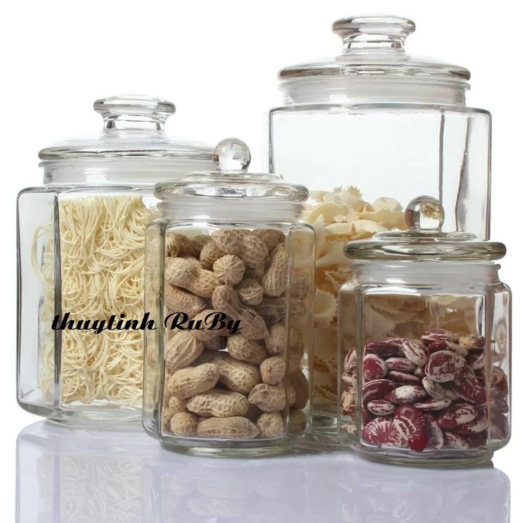 [HỦ DÀY_2 LÍT] Hũ thủy tinh Trụ Lục Giác  2 Lít. Lọ thủy tinh đựng hạt, muối dưa cà/Hủ thủy tinh siêu đẹp
