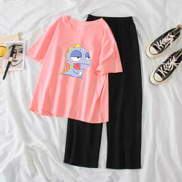 [HAN HAN SHOP 328] Sét Bộ Quần Áo Nữ Siêu Xinh Cute, Áo Thun Phông Cotton Organic Ngắn Tay In Khủng Long Lè Lưỡi Kèm Quần Rộng Sạn - KA07
