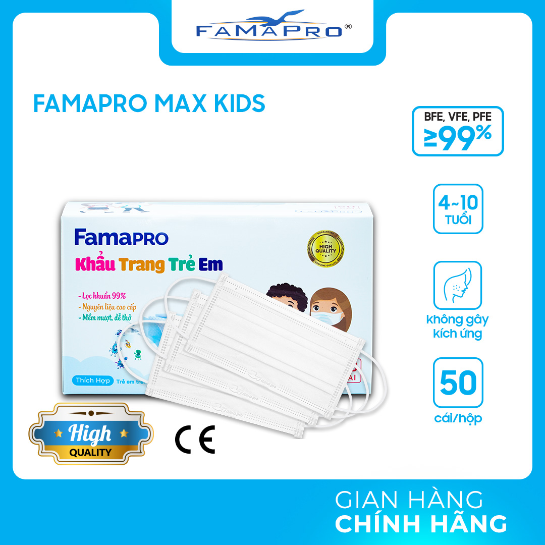 Khẩu trang y tế 3 lớp trẻ em Famapro MAX KID kháng khuẩn (50 cái / Hộp)