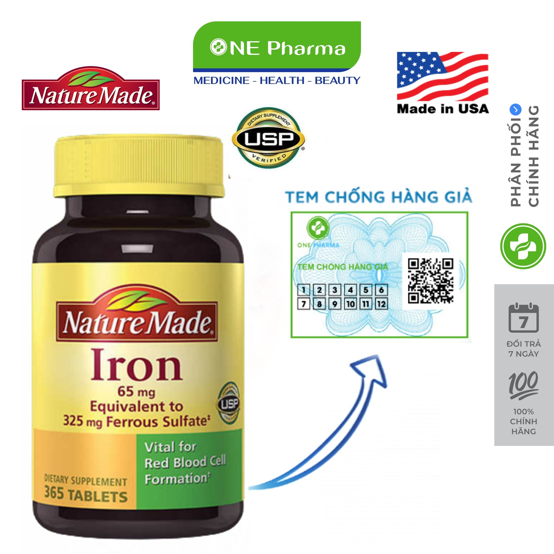 Viên Uống Hỗ Trợ Bổ Sung Sắt Nature Made Iron 65mg, 365 viên- One Pharma