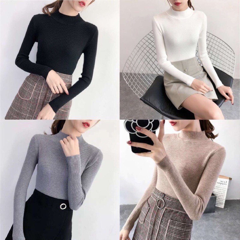 Áo len tăm nữ cổ 3 phân ôm body giữ nhiệt cao cấp hàng QC, Áo len dài tay nữ cổ cao ôm body AL76