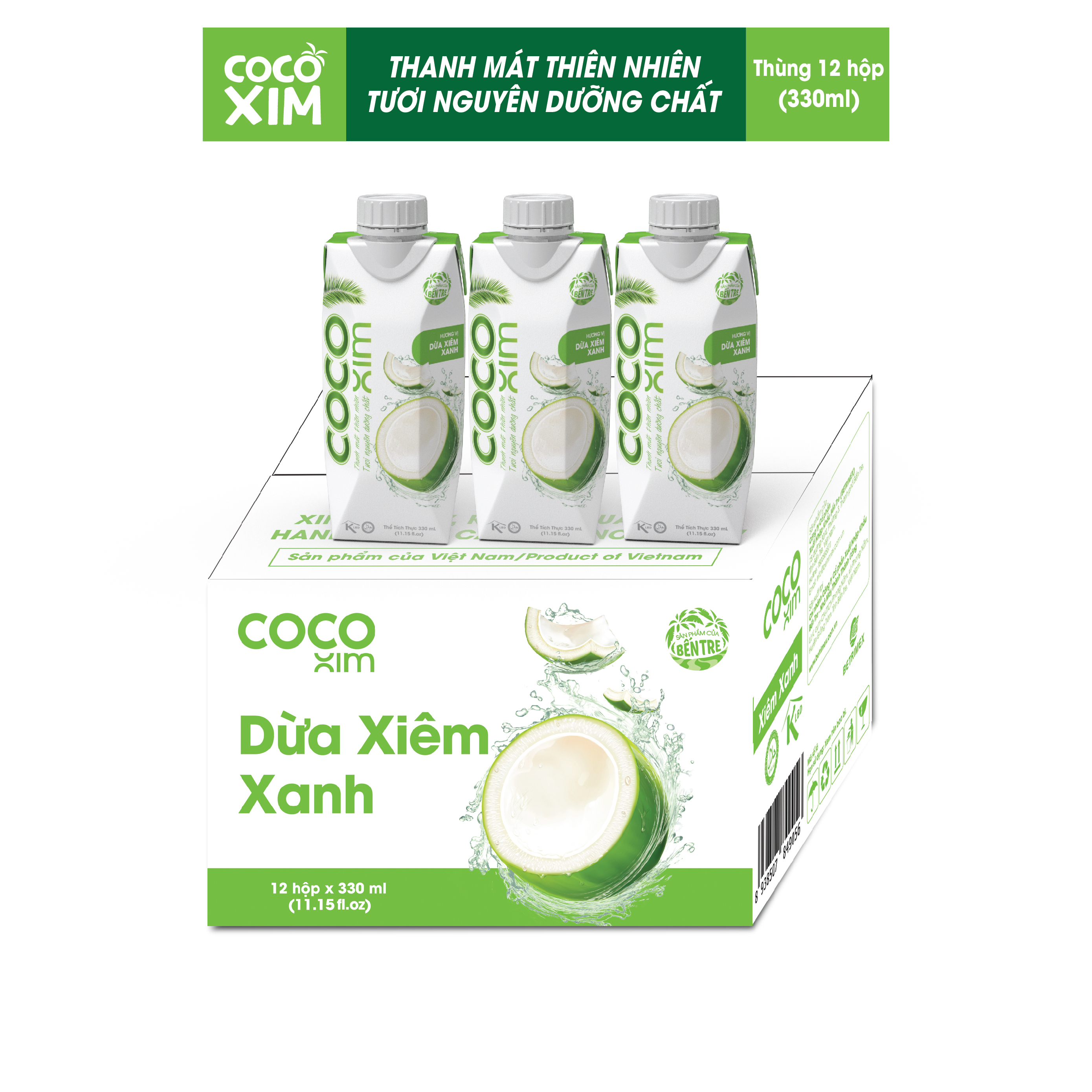 Thùng 12 Hộp Nước dừa đóng hộp Cocoxim Xanh 330ml