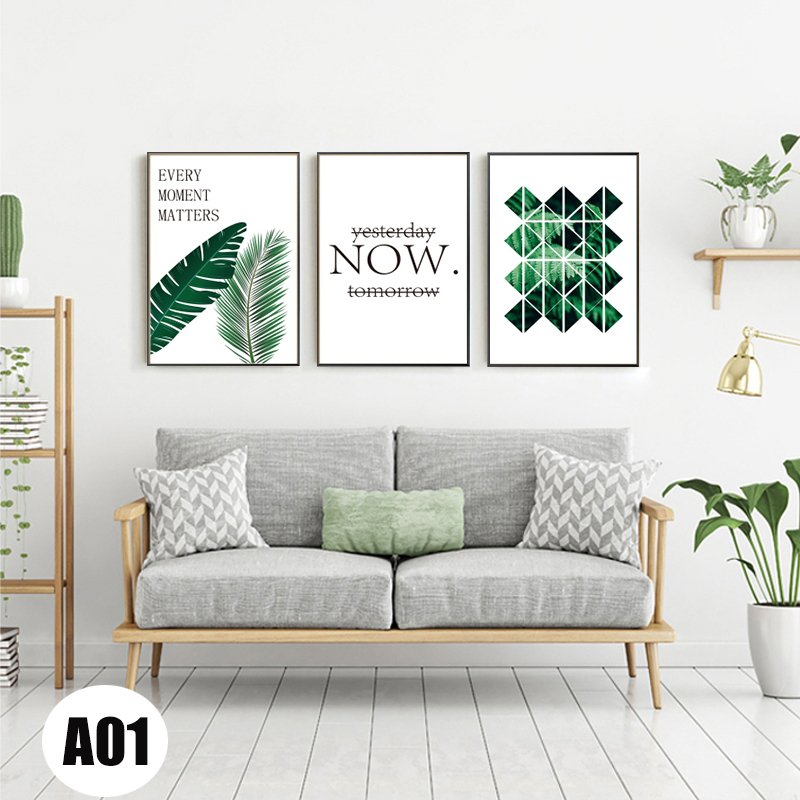 Tranh treo tường 3 bức họa tiết lá hiện đại cỡ nhỏ (30x40cm)