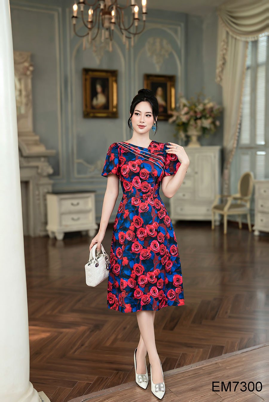 Đầm emy em7300 xoè hoa cổ lệch