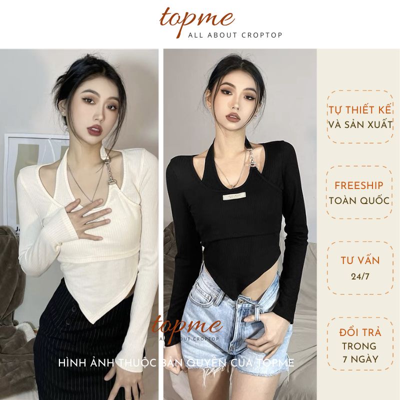 Croptop tay dài dây yếm cổ vạt chéo siêu xinh, croptop nữ tay dài