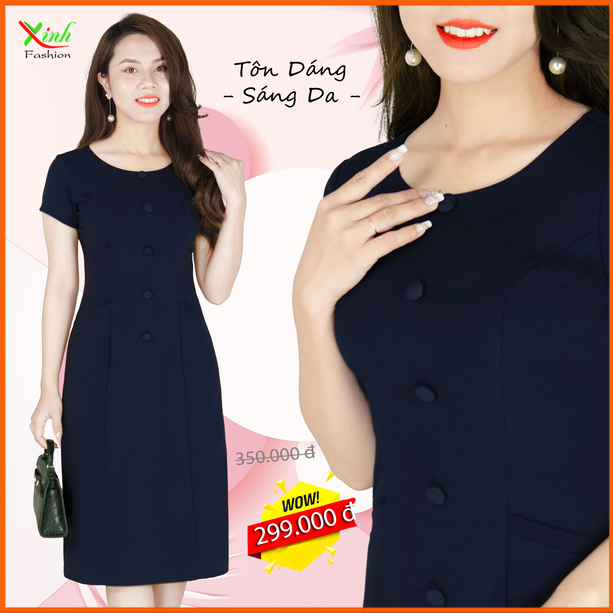 Đầm suông phối cúc xanh đen dl776