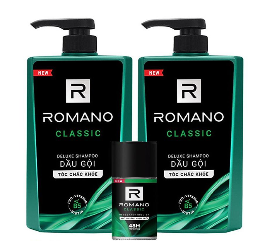Bộ 2 Chai Dầu Gội Hương Nước Hoa Romano Classic 650g/chai và 1 lăn Khử mùi 50ml +Tặng 5 gói dầu gội Romano