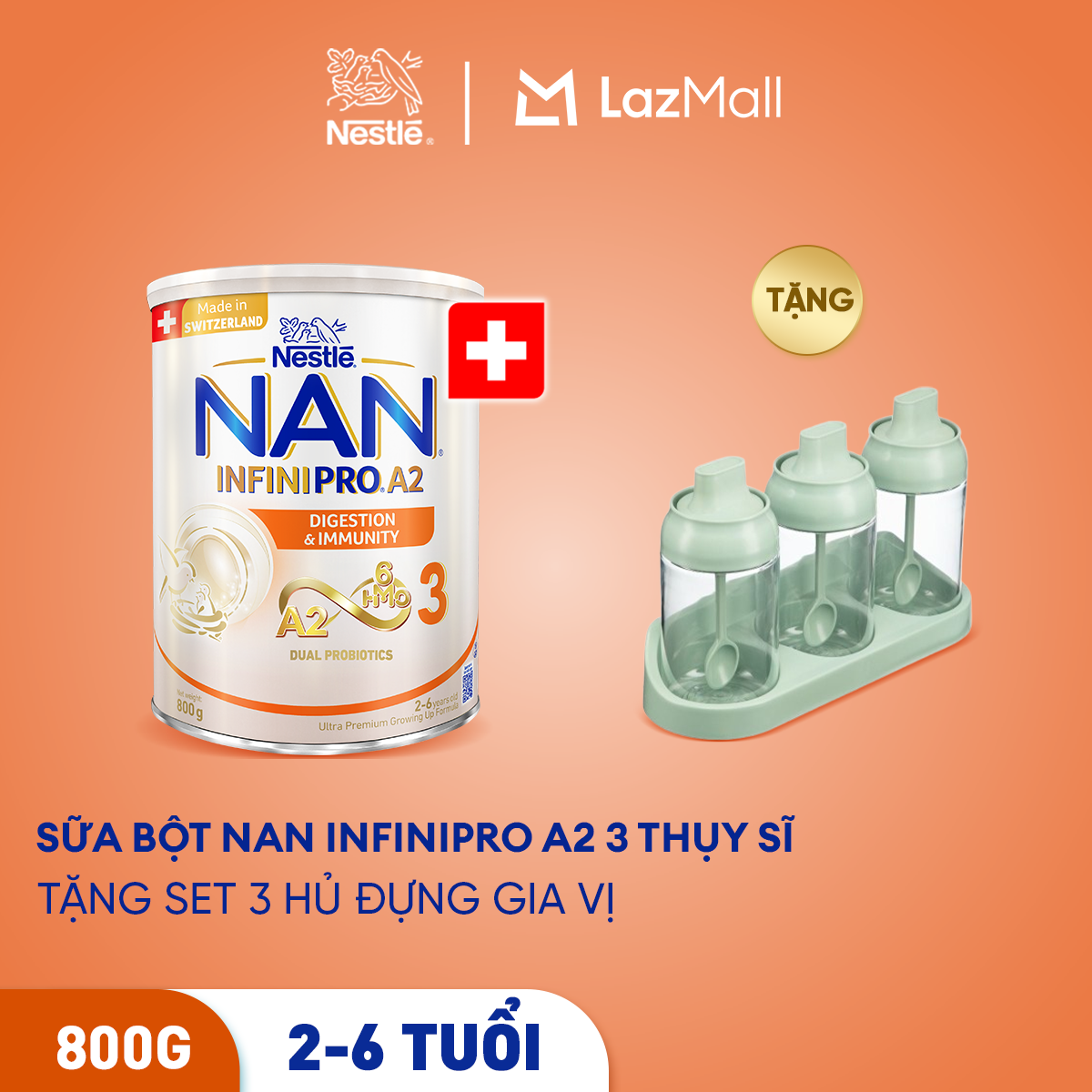 [Tặng Set 3 hũ gia vị INOCHI] Sữa bột Nestlé NAN INFINIPRO A2 3 800g nhập khẩu Thụy Sĩ  với công thức đầu tiên chứa đạm A2, 6HMO  Lợi khuẩn kép