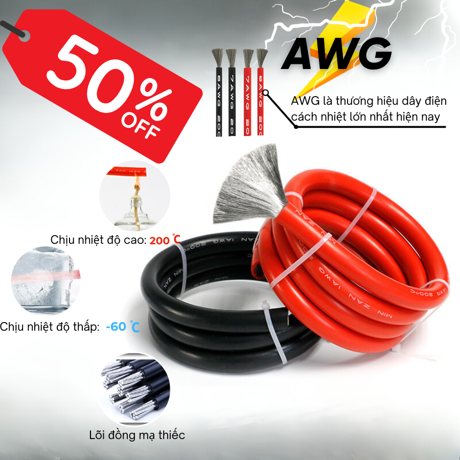  Dây điện AWG Silicone chống cháy chịu nhiệt cao chịu tải cao chuyên dùng câu bình acquy đóng Pin Lithium,pin xe điện 