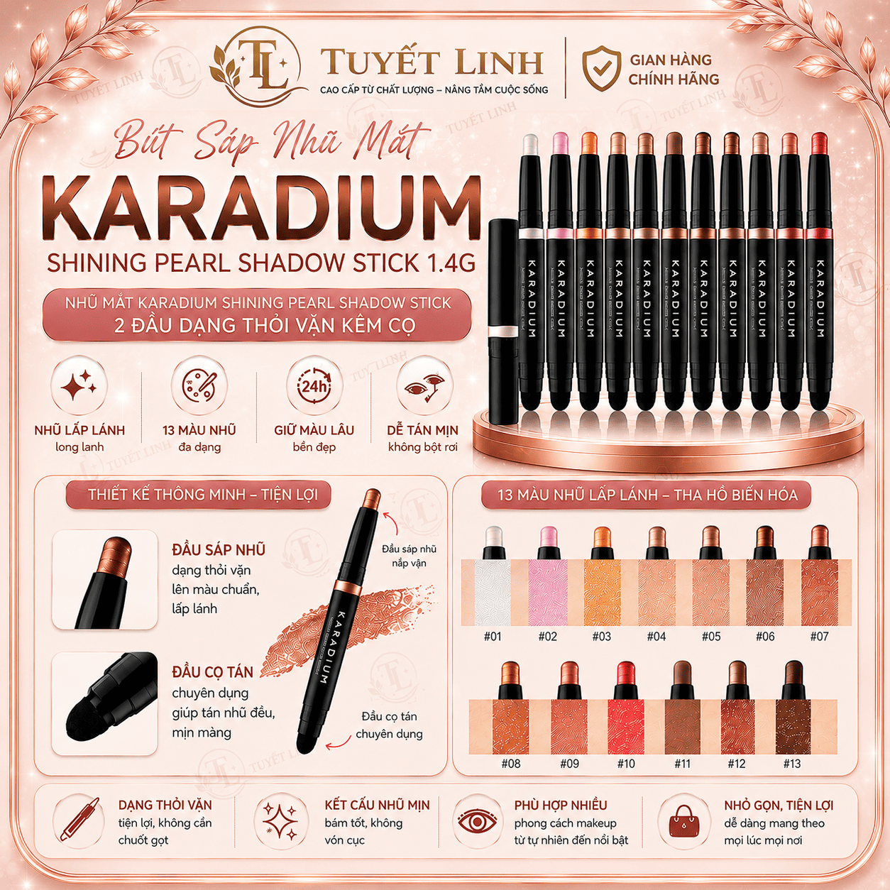 Bút sáp nhũ mắt long lanh màu sắc trẻ trung , phong cách hàn quốc karadium shining pearl shadow stick 1.4g