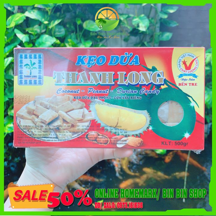 Kẹo Dừa Đậu Phộng Sầu Riêng Thanh Long - Hộp 500g - Đồ ăn vặt Tết - Đặc Sản Bến Tre