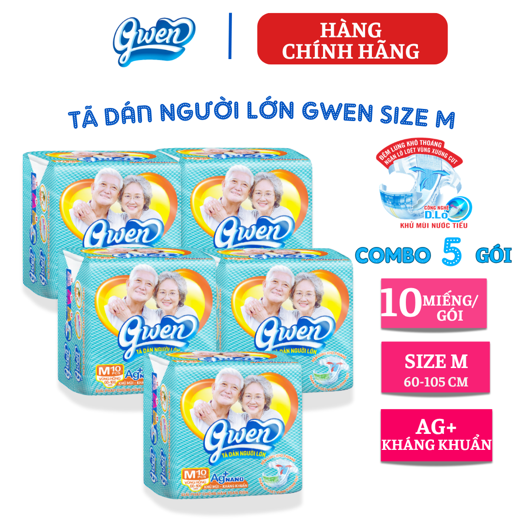 {Hàng chính hãng} Tã dán người lớn Gwen size M 10 miếng {combo 5 gói} Bỉm người già, người bệnh, siêu thấm, khô thoáng, chống hăm, khử mùi, tả dán người lớn, tã dán người già, tã giấy, tả giấy người già dùng 1 lần