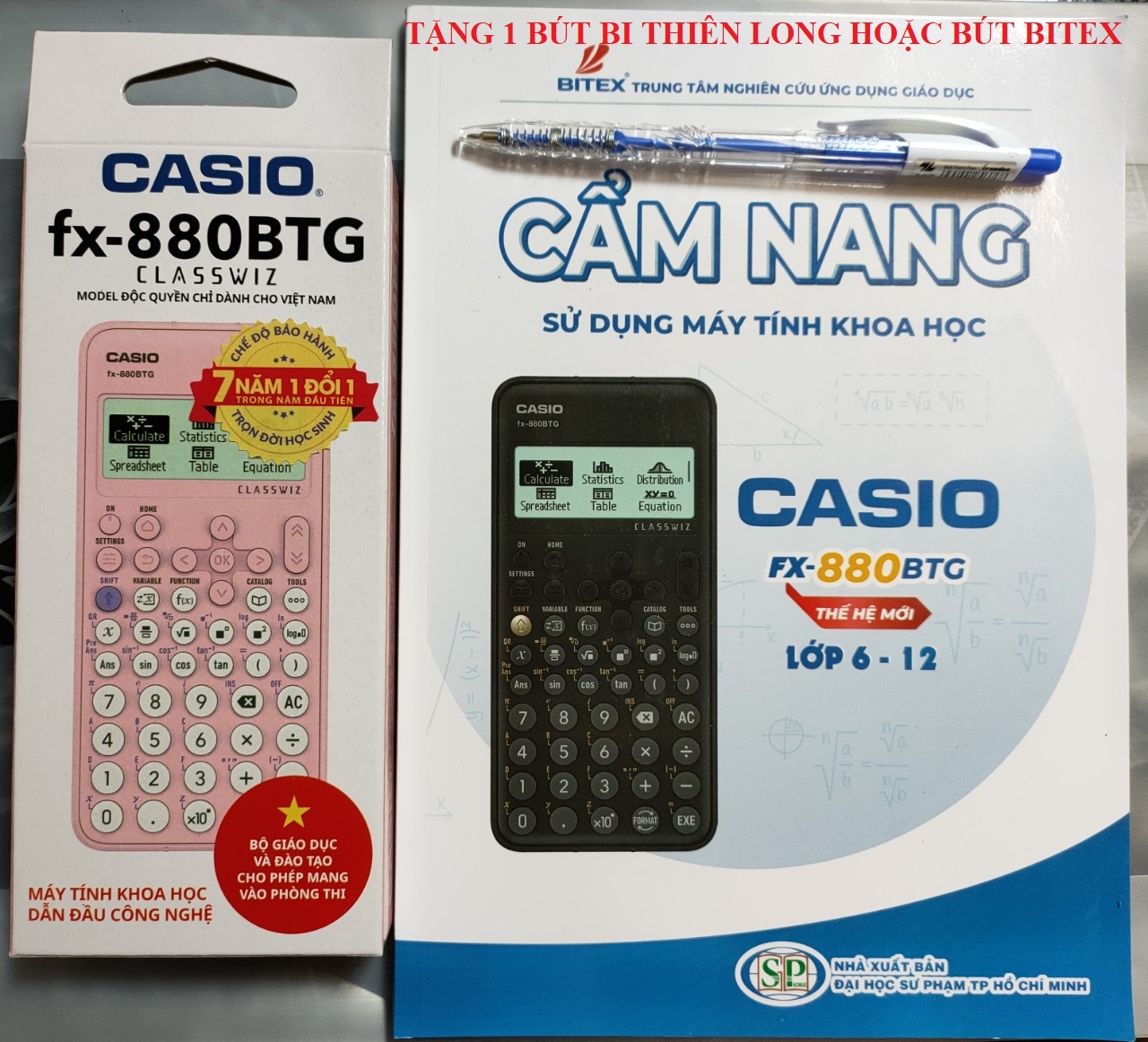 Combo máy tính casio 880btg hồng và cẩm nang hdsd