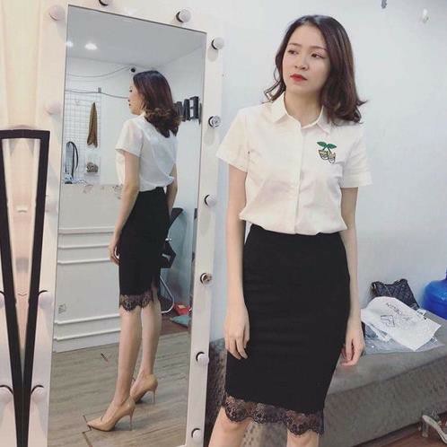 CHÂN VÁY ❤️FREESHIP❤️ CHÂN VÁY CÔNG SỞ XẺ TÀ SAU ĐÍNH REN GẤU LƯNG THUN