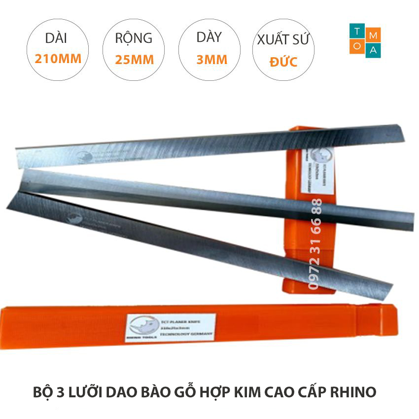 Bộ 3 lưỡi dao bào gỗ hợp kim cao cấp rhino 210x25x3mm của đức