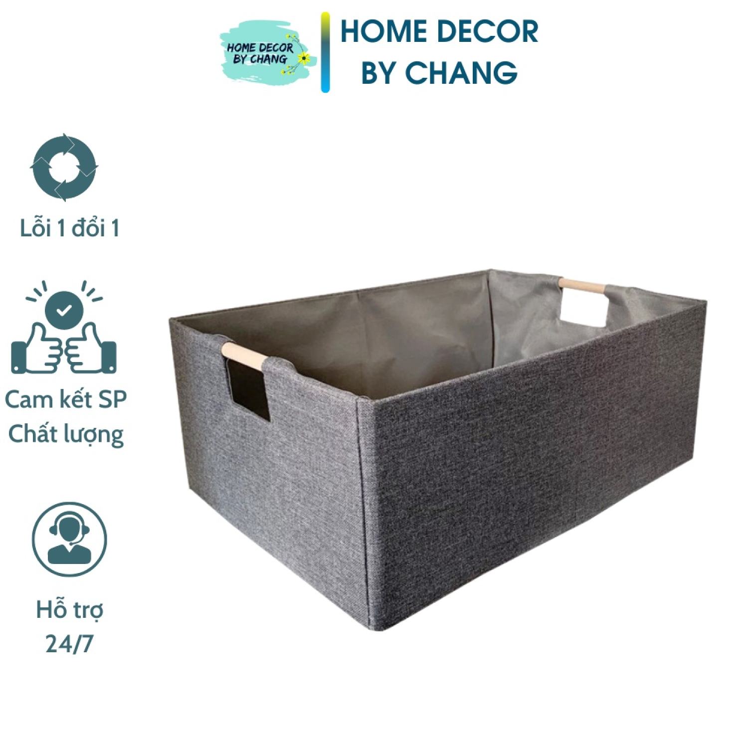Hộp vải đựng đồ quần áo cỡ lớn có thể gấp gọn, có quai gỗ cầm tiện dụng