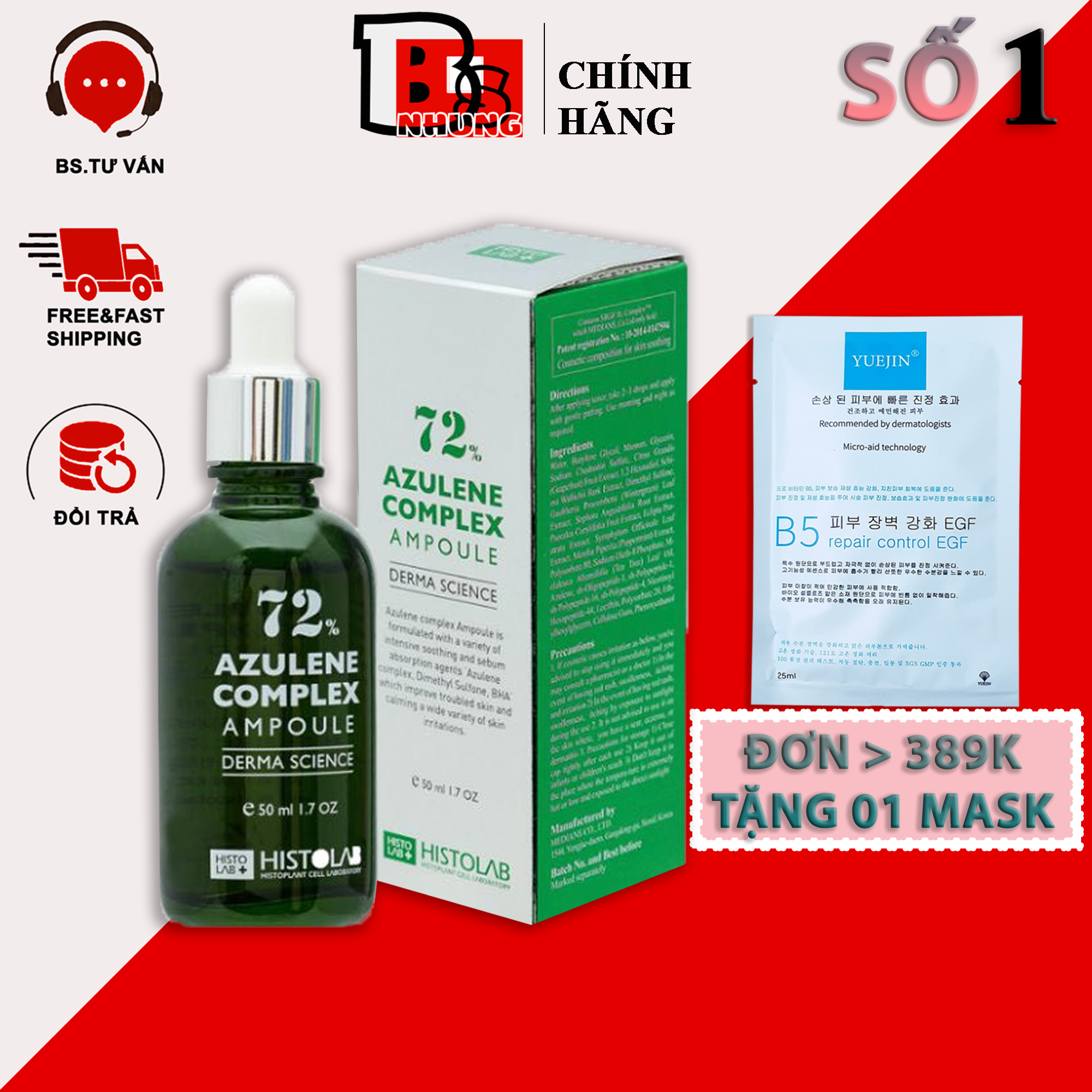 Tinh Chất Serum Histolab Azulene Complex Ampoule 72% - Giảm ngừa mụn và Kiểm soát dầu nhờn 50ml