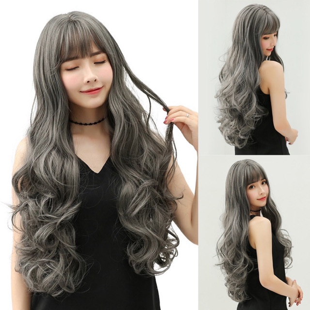 💕 Tóc Giả Nguyên Đầu Xoăn Dài Xám Khói Có Mái 💕 Tặng Lưới Trùm