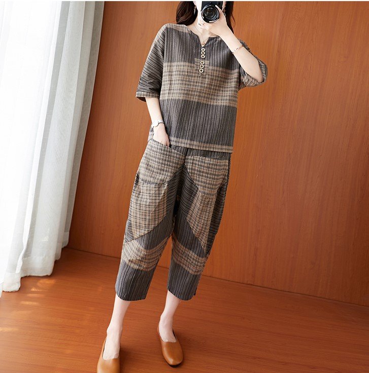 Đồ Bộ Nữ lửng mặc nhà , hai màu đơn giản chất đũi mềm mát