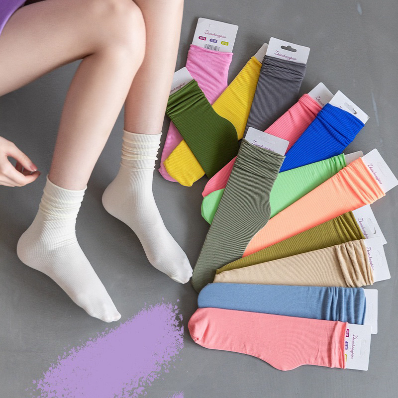 Set 5 đôi Tất cao cổ chất mỏng cao cấp hoạ tiết sắc màu pastel cổ nhún tcc12