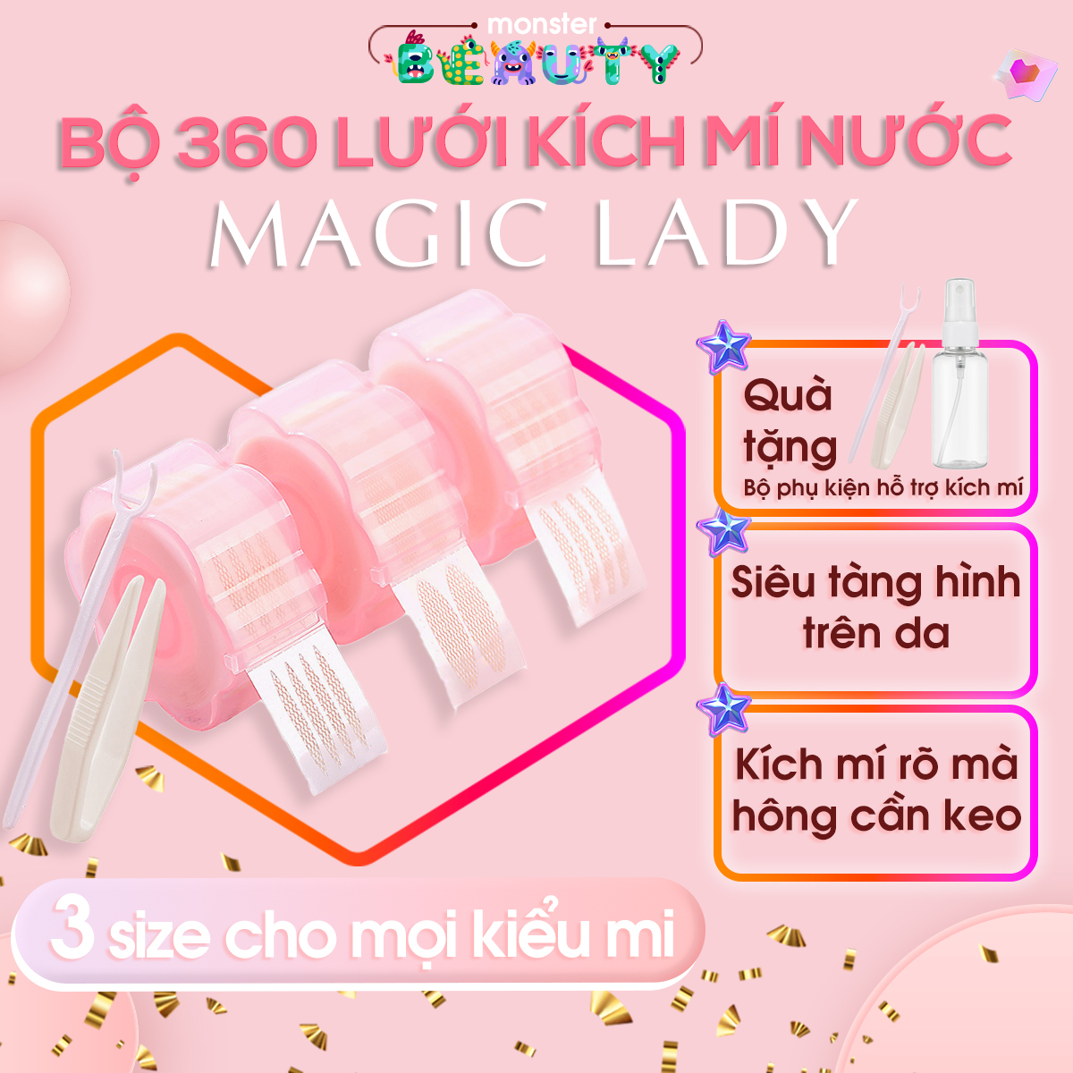 monsterBEAUTY - Combo 360 lưới kích mí Magic Lady thế hệ mới không cần keo - Miếng dán mắt hai mí kích hoạt độ dính khi có nước - Kích mí siêu nhanh và rõ, 3 size phù hợp với nhiều kiểu mí.