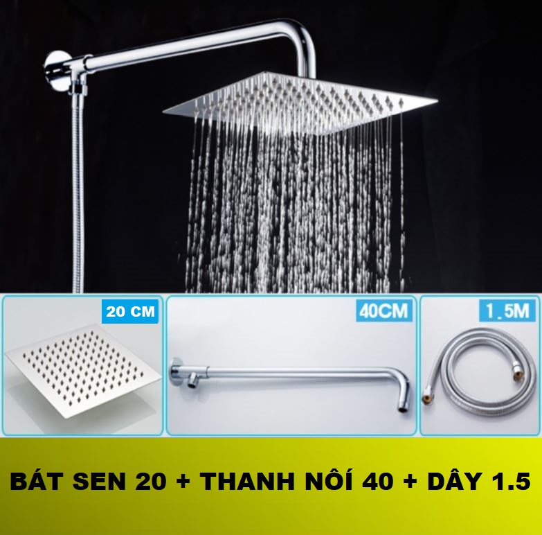 Đủ bộ bát sen VUÔNG tắm đứng kèm dây nối bằng Inox sáng bóng tiện lợi gồm bát sen cần treo bát và dây sen