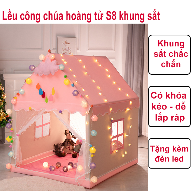 [Tặng kèm đèn led quả cầu] Lều công chúa hoàng tử S8 khung sắt - Lều cho bé vui chơi