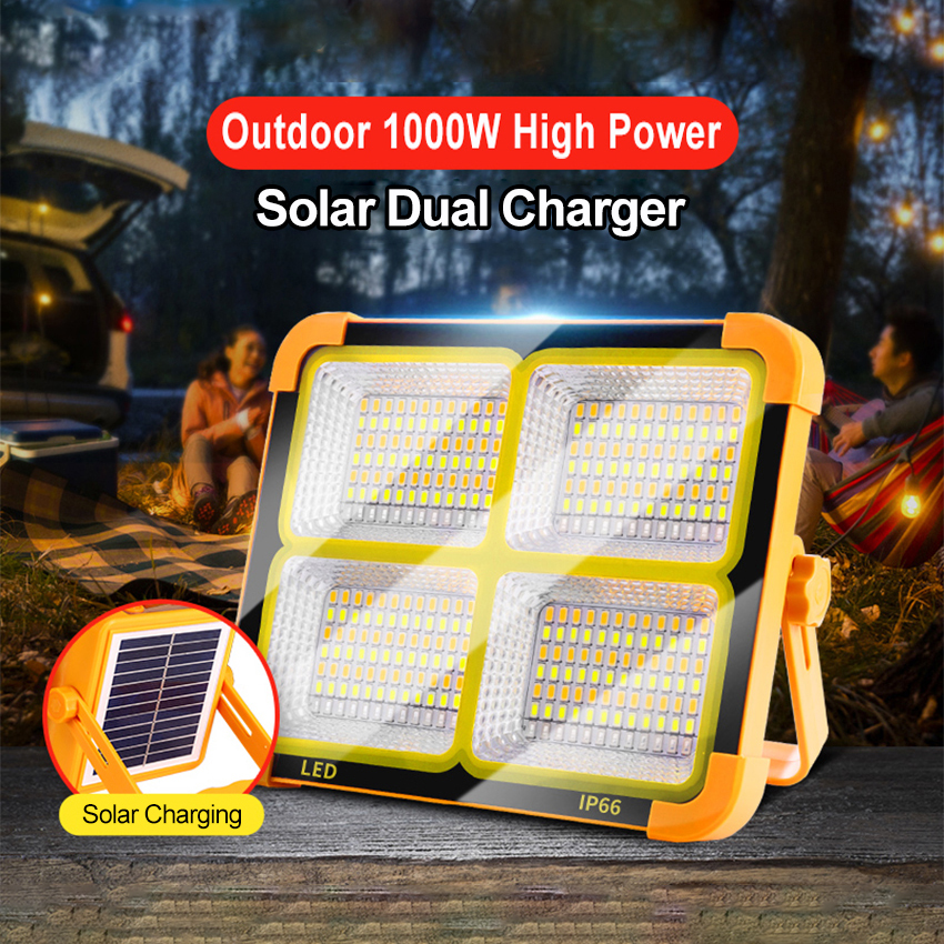 2000W Portable Solar Emergency Light Outdoor Lighting IP65 Waterproof LED Flood Light Flashlight USB Rechargeable Camping Tent Lamp