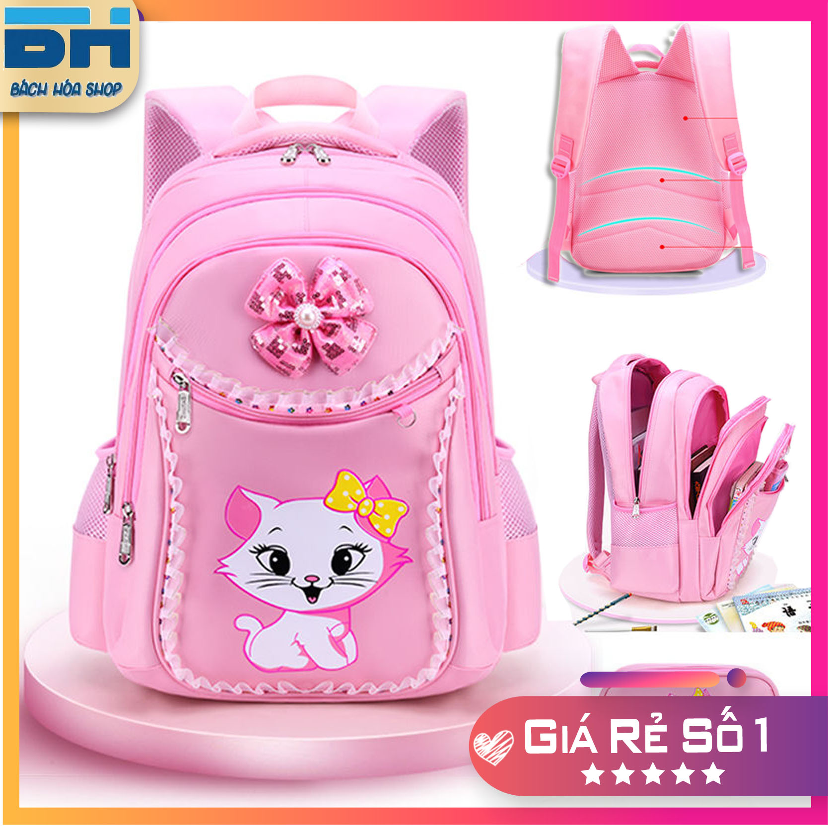 [ĐỦ SIZE - SIÊU SALE] Balo đi học cho bé gái mẫu giáo, mầm non, cấp 1, tiểu học (từ 3 đến 12 tuổi)- Hình mèo con dễ thương chất liệu Polyester chống thấm