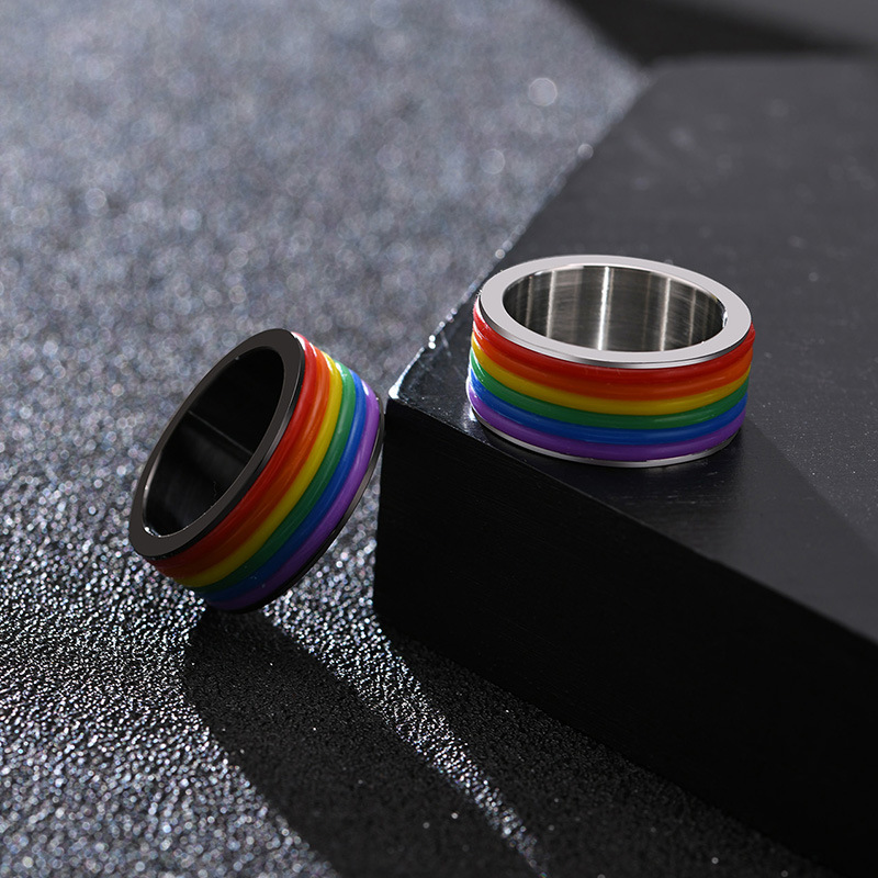 Nhẫn cầu vồng lgbt thép titan không rỉ N03 - 9mm - Đen - Bạc