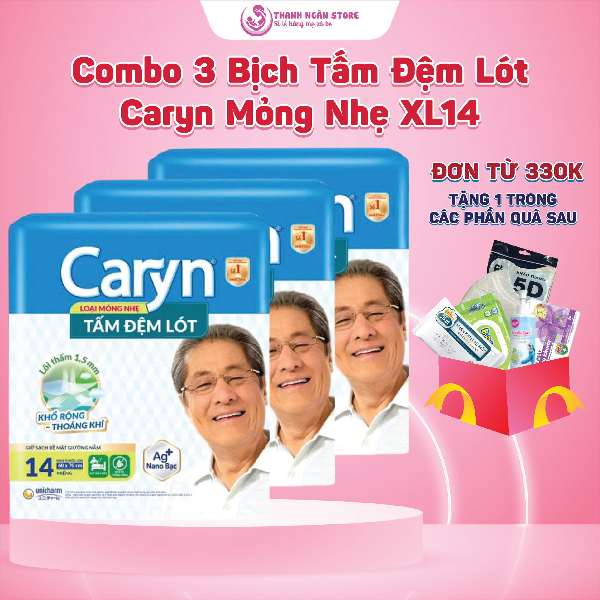 Combo 3 Bịch Tấm Đệm Lót Caryn Mỏng Nhẹ XL14 - Miếng Lót Trải Giường Và Xe Lăn (70 x 60 Cm) - Thanh Ngân