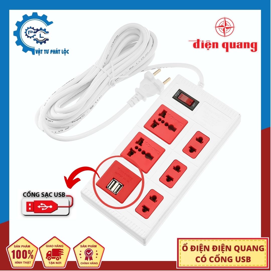 Ổ cắm Điện Quang 3 lỗ - 5 lỗ (2 chấu/3 chấu) dây dài 2m/5m màu trắng đỏ có cổng sạc USB