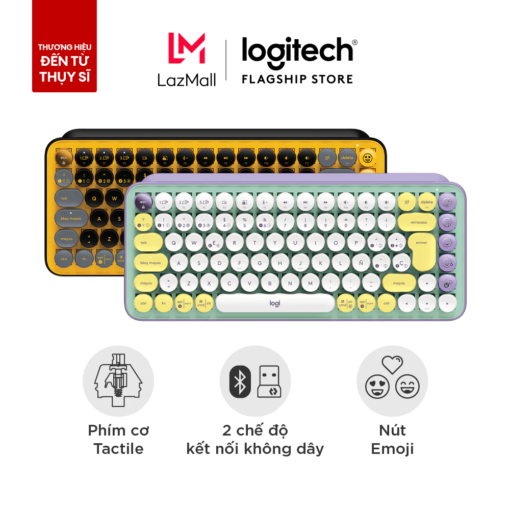 Bàn phím cơ không dây bluetooth | USB Logitech POP KEYS - với 8 phím emoji có thể điều chỉnh switch tactile kết nối 3 thiết bị