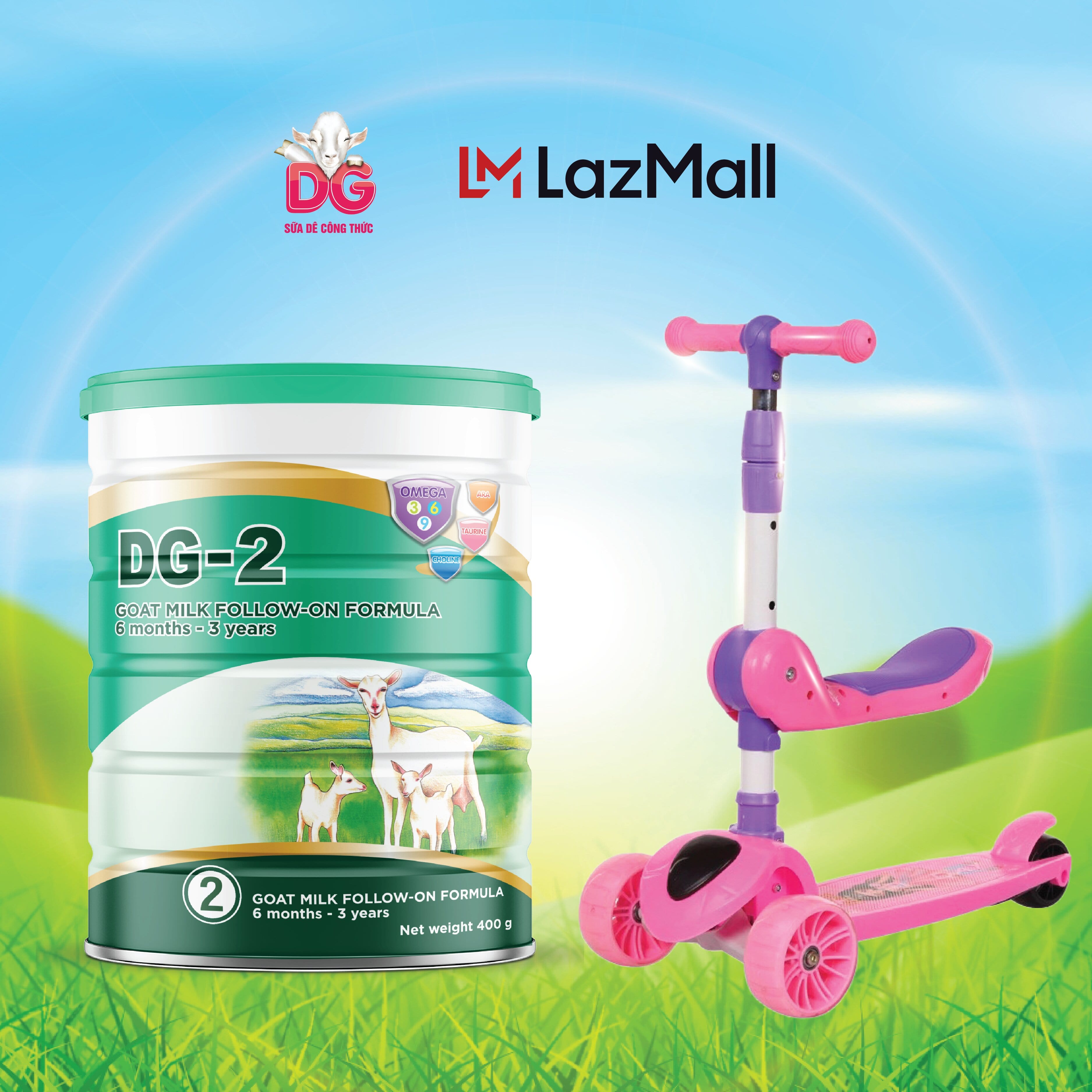 Cb 08 lon sữa dê dg-2 400gr tặng 1 xe trượt scooter