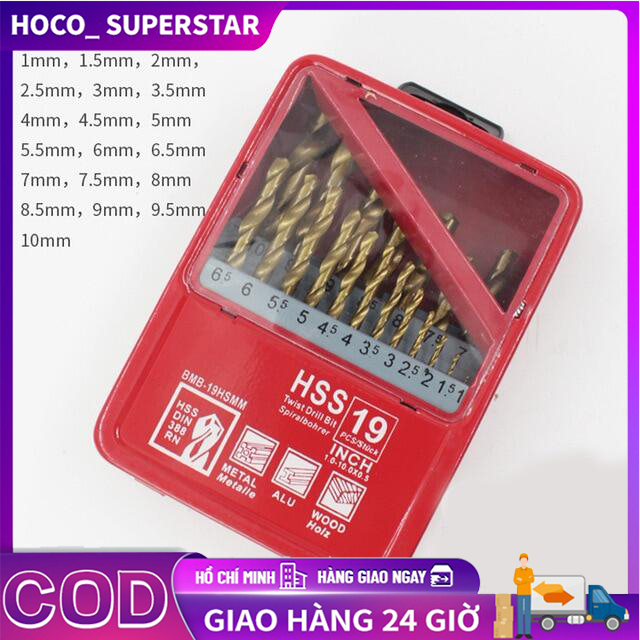 Bộ 19 mũi khoan inox sắt thép từ 1-10mm